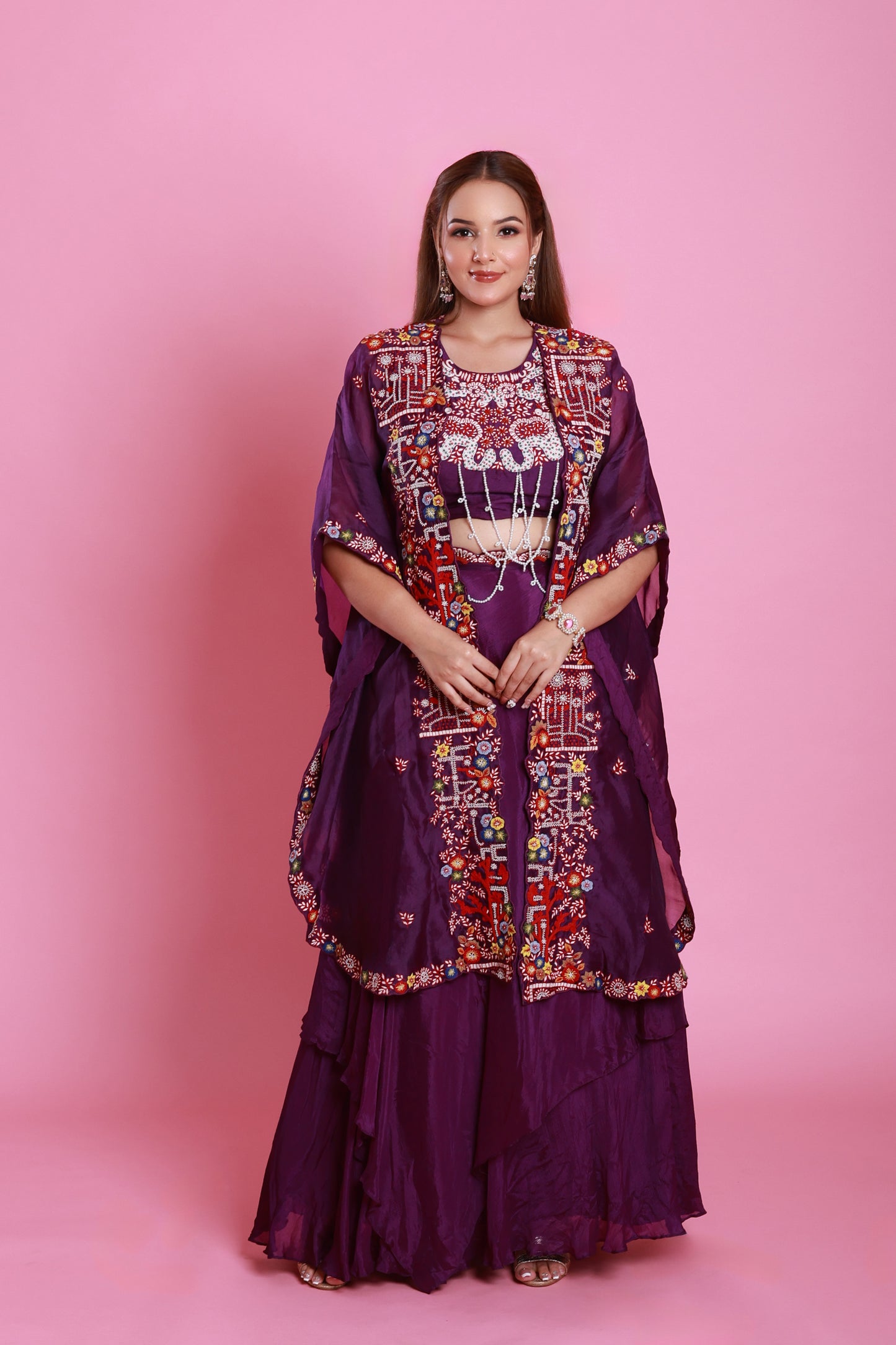 Purple Embroidered Cape Set