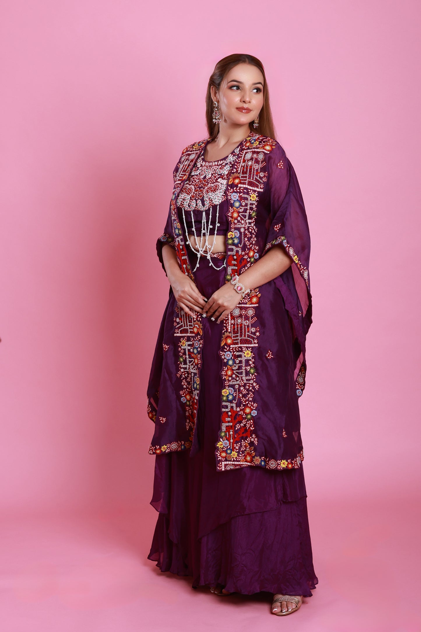 Purple Embroidered Cape Set