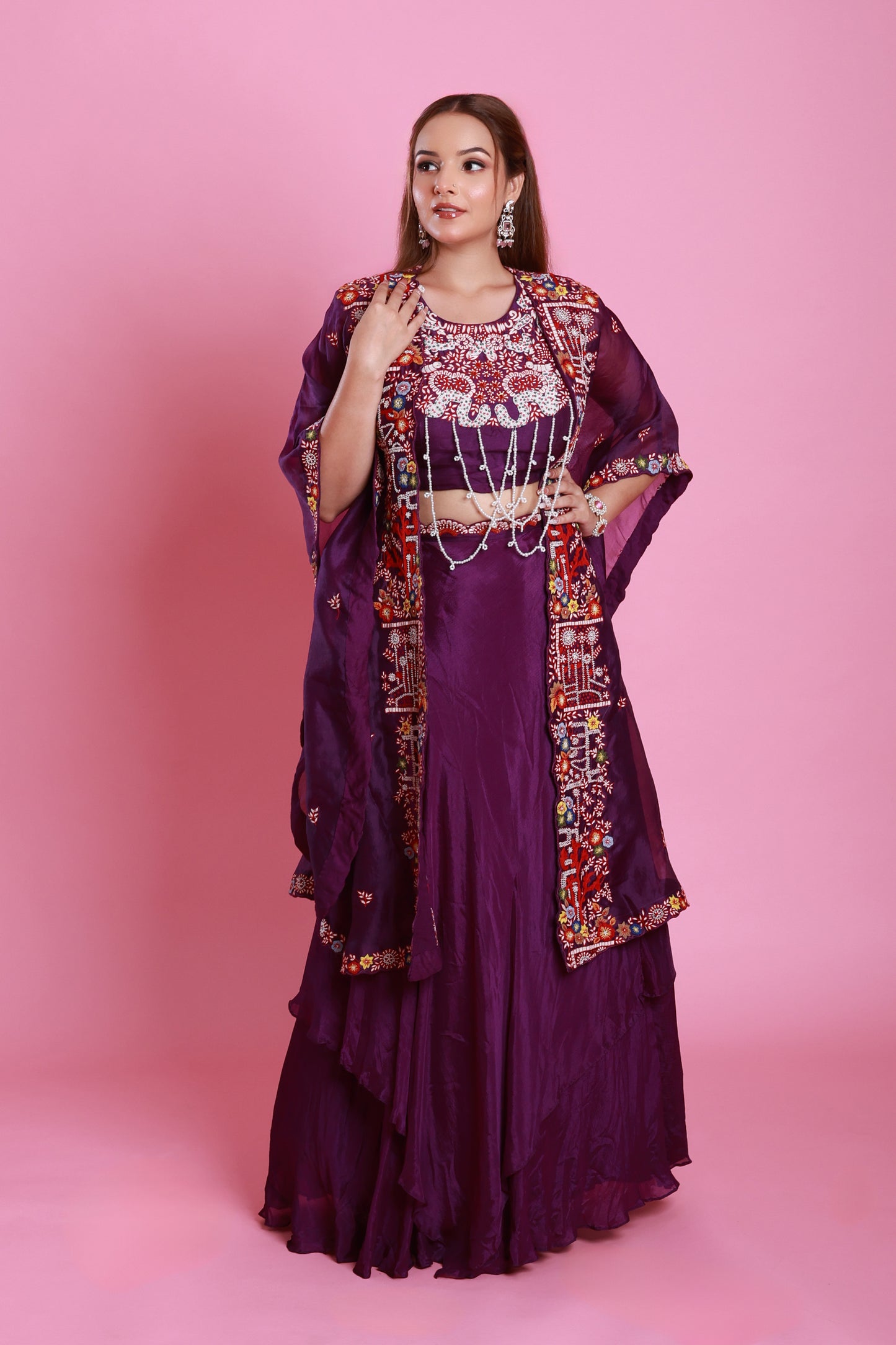 Purple Embroidered Cape Set