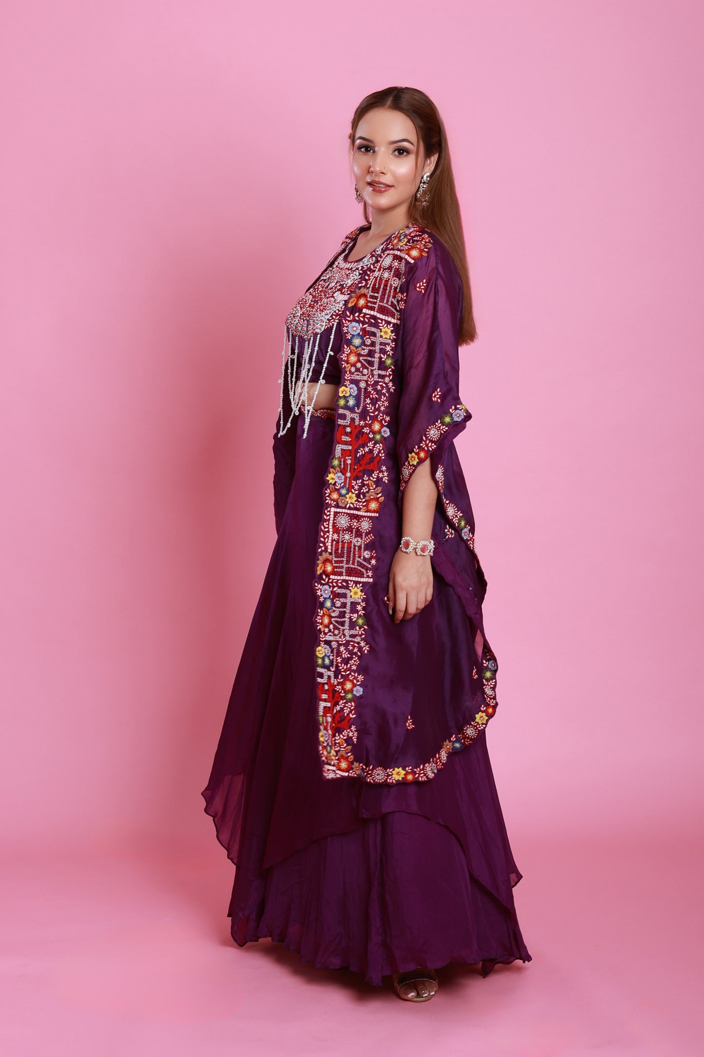 Purple Embroidered Cape Set