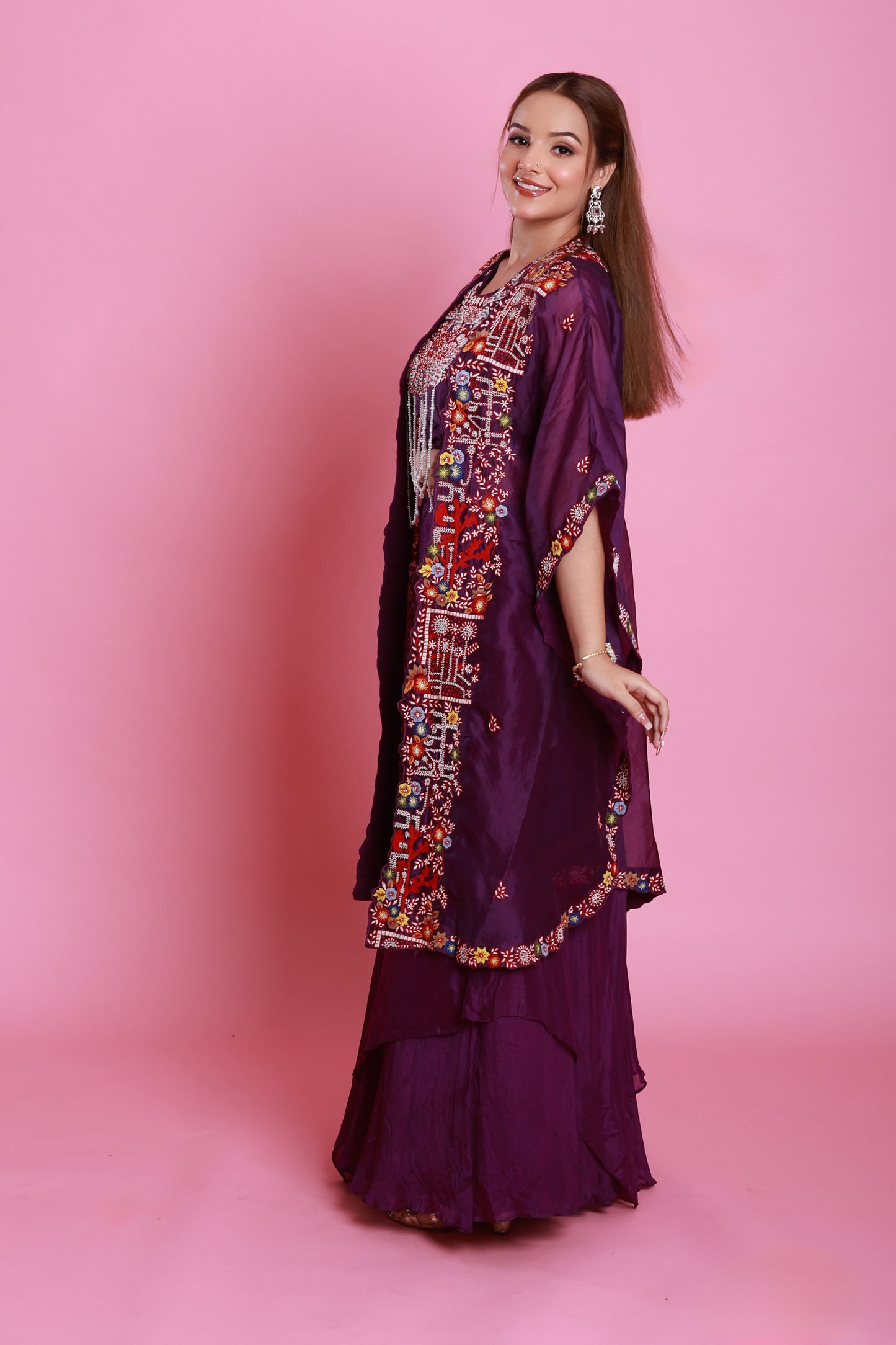 Purple Embroidered Cape Set