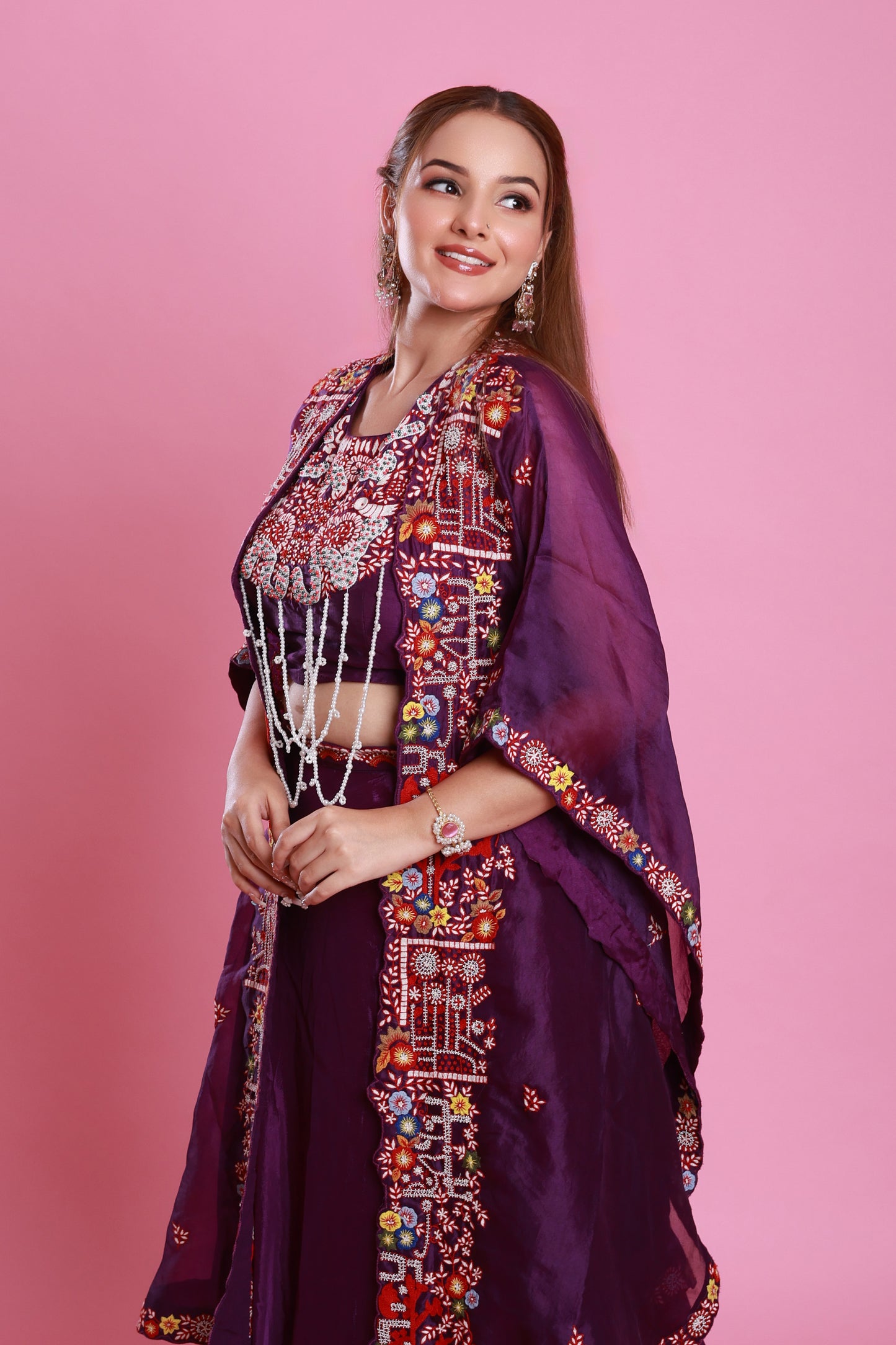 Purple Embroidered Cape Set