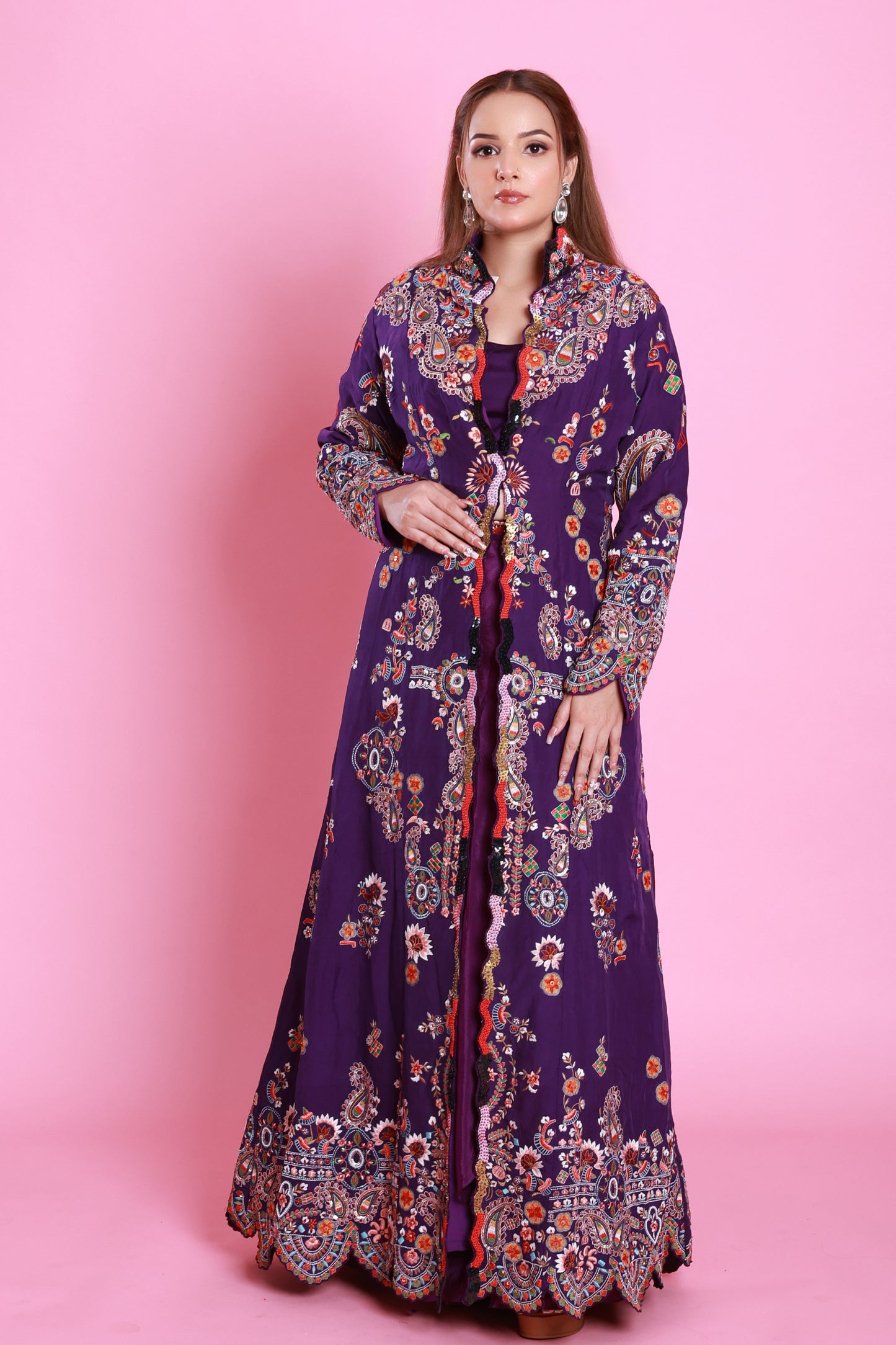 Purple Embroidered Jacket Set