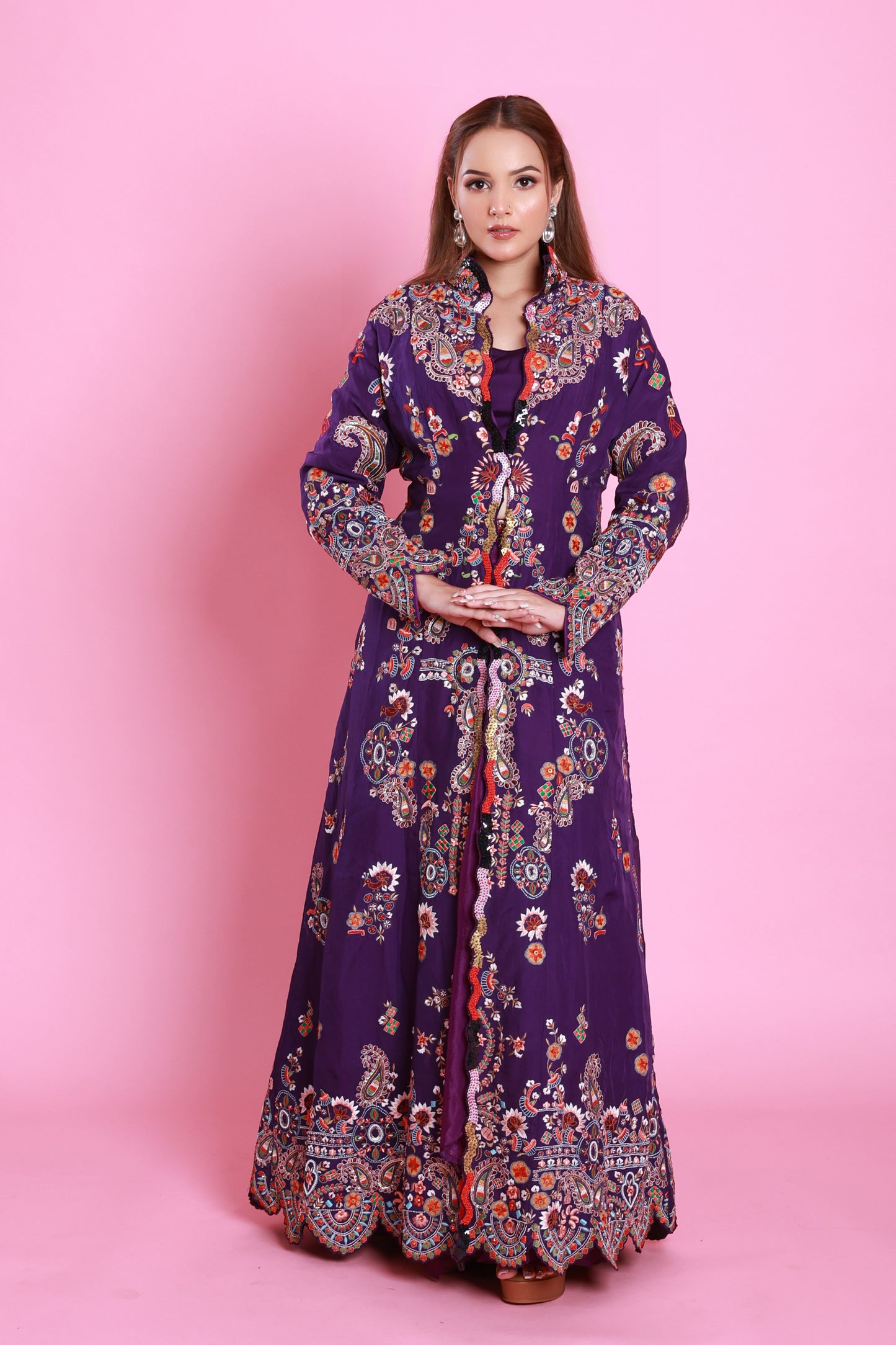 Purple Embroidered Jacket Set