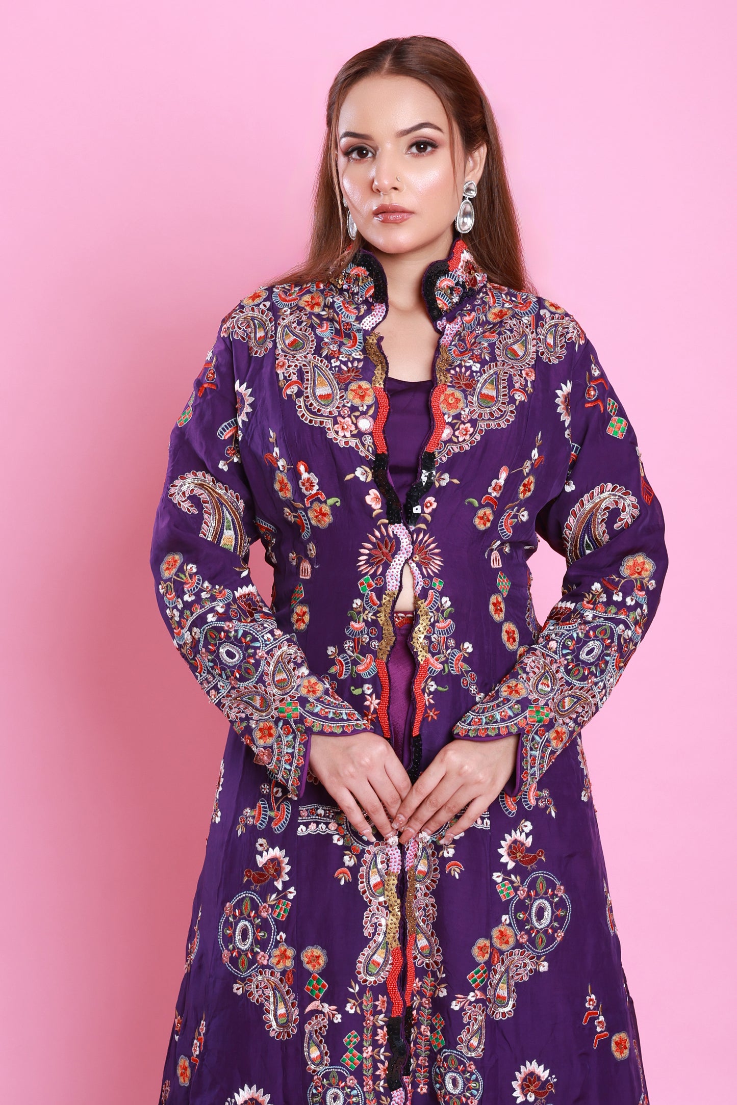 Purple Embroidered Jacket Set